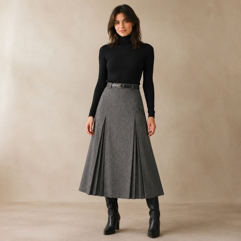 Vintage Finity Gray Pure Wool Pleated Midi Skirt Size 10 Made in USA